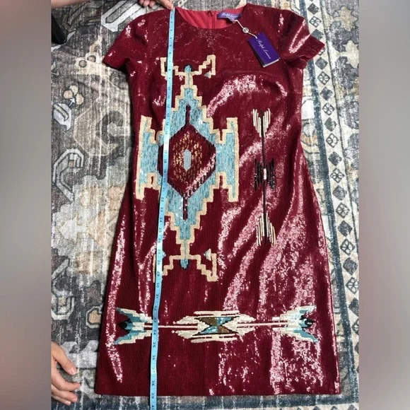 NWT Ralph Lauren Purple Label Embellished Cady Red Sequin Short Sleeve Dress new